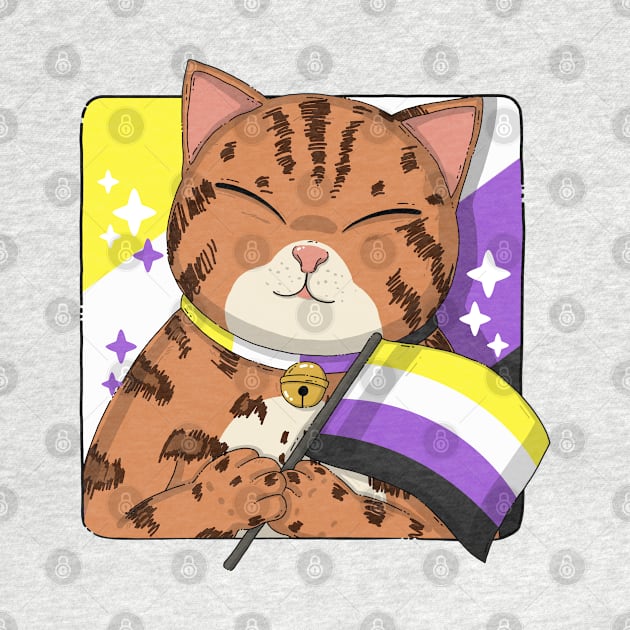 Cute Bengal Cat Holding Non-Binary Pride Flag by Japanese Neko